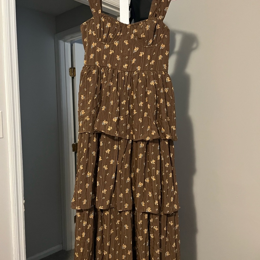 Talulah Serena Tiered Midi Dress Brown Floral